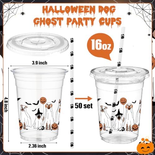 FillTouch 50 Pcs Halloween Dog Ghost Cups 16 oz with Lids Straws