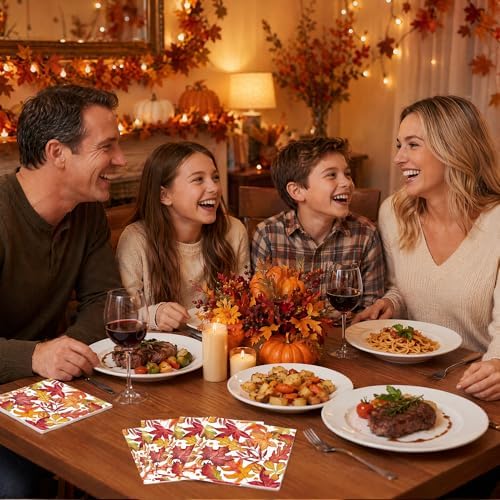 100 Pack Fall Napkins Disposable Folded 10 x 10 Inches Autumn Party Decorations, Maple Leaves Cocktail Napkins for Families Fall Thanksgiving Party Supplies Paper Towel Disposable Towel