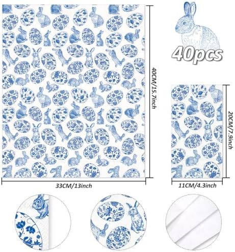 Whaline 40 Pcs Easter Guest Napkins Paper Napkins Blue White Chinoiserie Bunny Rabbit Egg Floral Disposable Bathroom Hand Towels for Spring Bridal Baby Shower Party Dinner Table Supplies