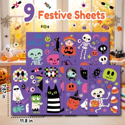 9 Sheet Halloween Window Clings for Kids, Ghost Skeleton Bat Stickers Decor