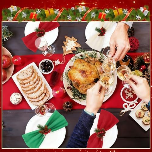 LemonRoad 36 Pcs Christmas Cloth Napkins and Napkin Ring Holders, Reusable Fabric with Pine Needle Red Fruit Napkin Rings for Xmas Table Decor, Banquet, Holiday Dinner Party, Wedding Party Supplies