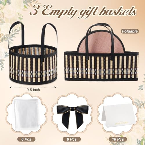 Weysat 6 Set Baskets for Gifts Empty Bulk, Large Woven Bamboo Gift Basket Kit with Handles, Bow, Wrap Bag to Fill for Raffle Thanksgiving Day Wedding Birthdays Party Wrapping (Black)