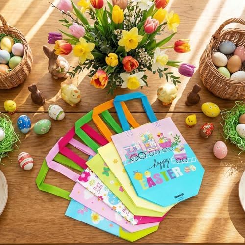 SUNCOLOR Easter Gift Bags, 6 Pack Non-Woven Tote Bags with Bunny Design, 9x9x4.7 Inch, Reusable Party Supplies for Kids Egg Hunt Games