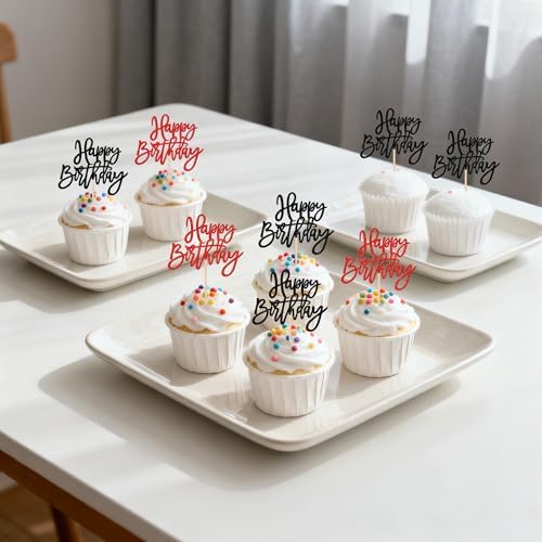 24 PCS Happy Birthday Cupcake Toppers Glitter Happy Birthday Cupcake Picks for Celebrating Anniversary Theme Party Cake Decorations Supplies Black Red
