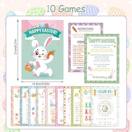 HOWAF 11pcs Outdoor Easter Hunt Clues Cards, Outdoor Easter Party Games Easter Scavenger Hunt with Friends, Family