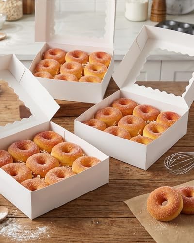 qiqee 10"x 10"x 2.5" White Pie Boxes with Window 50Packs Cookie Donut Bakery Box (Auto-pop Up)