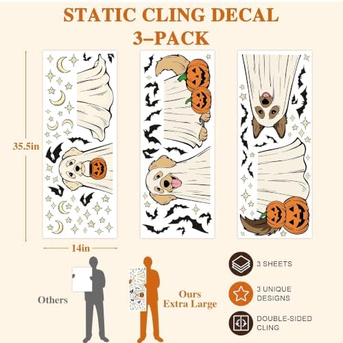 Halloween Window Clings, 3pcs Dog Ghost Funny Design Halloween Decorations Window Decals, Draped Fabric Ghost Puppy Static Cling Stickers for Glass Door Home Kids Room Office Classroom Decor