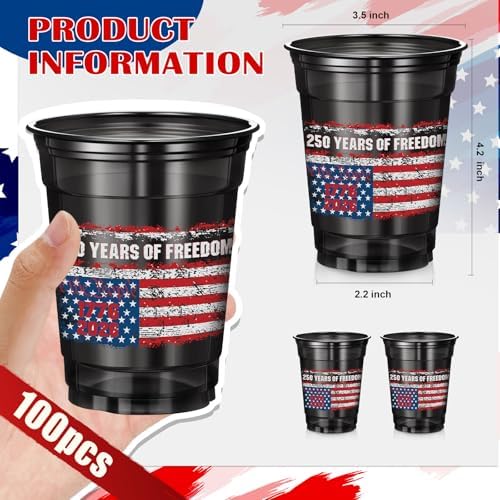 Vesici 100 Pcs 250th Anniversary Plastic Cups, Patriotic Disposable Cups