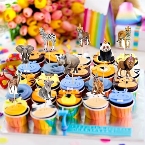 Hooqict 40Pcs Safari Animal Cupcake Toppers Party Animal Birthday Cake Topper Decorations Safari Jungle Cupcake Picks for Kids Boys Girls Birthday Baby Shower Wild Zoo Party Supplies