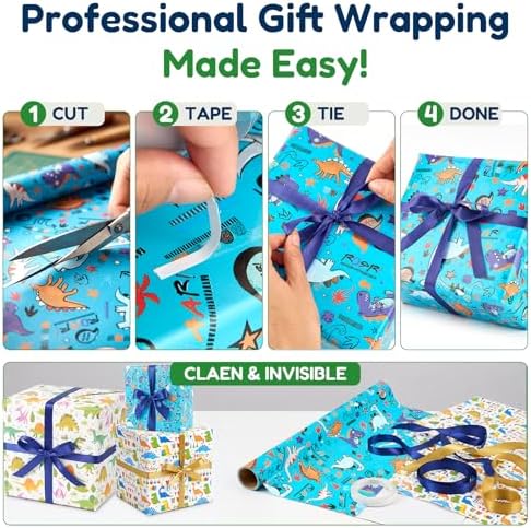Bafeil Dinosaur Wrapping Paper Birthday Boy Roll Set - 3 Rolls