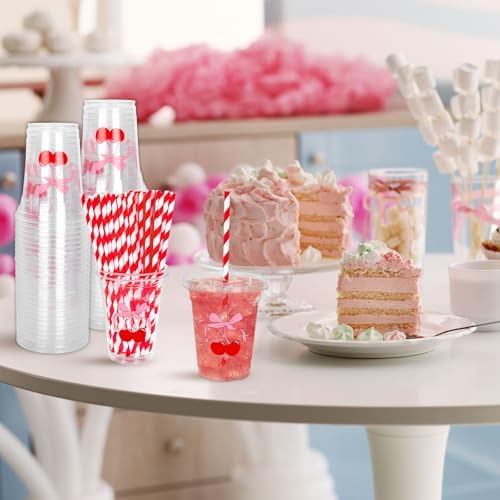 Whaline 50Pcs Cherry Bow Disposable Plastic Cups with Lids and Straws 12Oz Red Pink Cherry Bowknot Cold Beverage Drinking Cups for Wedding Birthday Baby Shower Party Supplies