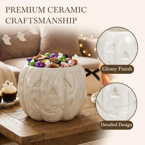 Ceramic Pumpkin Halloween Candy Bowl, 6.5 x 4.7 in, White