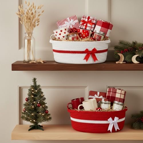 Colingmill 2 Pack Small Woven Gift Basket Empty with Wrap, Red and White