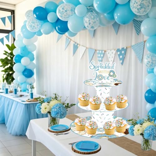 Blue Baby Sprinkle 3-Tier Cupcake Stand Blue Donut Dessert Cupcake Holder Sprinkle with Love Baby Shower Decorations for Boy Party Favor