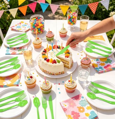 HEIPINIUYE 75 Pack Lime Green Plastic Cutlery Heavy Duty Green Plastic Knives Forks and Spoons Disposable Silverware Set for 25 Guest Camping Birthday Baby Shower Wedding Party Utensils Set
