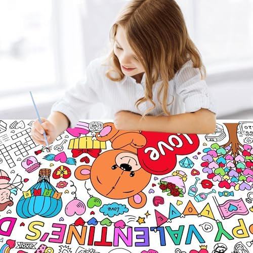 Giant Valentine's Day Coloring Tablecloth, Large Happy Valentine Coloring Poster for Home Birthday Party Supplies, 30x72 Inches