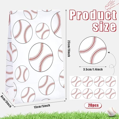 FEBSNOW 20Pcs Baseball Paper Gift Bags with Stickers for Sport Party Favors