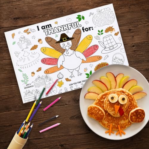 24 Count Thanksgiving Color Your Own Placemats – I Am Thankful for Turkey Coloring Activity Placemat for Kids, Thanksgiving Table Activity, Classroom Crafts