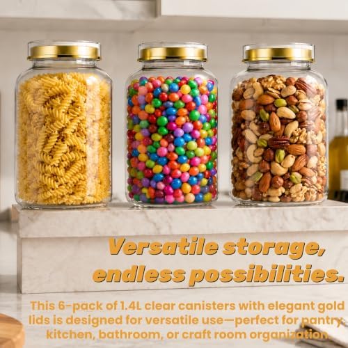 Tlence 6 Pack 1.4L Clear Plastic Jars, 47OZ Cookie Jar with Lids, Airtight Candy Buffet Containers, Round Food Storage Mason Jug for Apothecary, Flour, Sugar, Tea, Coffee, Fermenting, Pickling