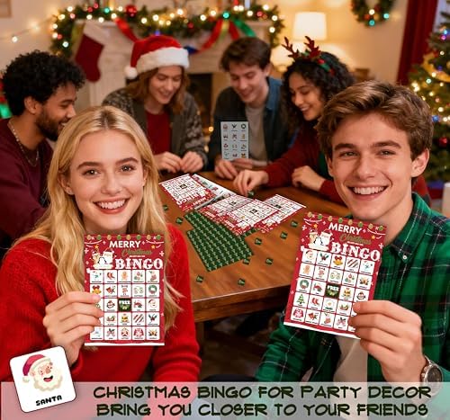 24-Person Christmas Bingo Cards, Watercolor Reindeer Xmas Party Card Game, Red Santa Claus Bingo Game for Family Large Group Activities, Winter Holiday Party Supplies