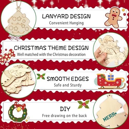 DECYOOL 50Pcs Christmas Wooden Ornaments Predrilled Unfinished DIY Crafts