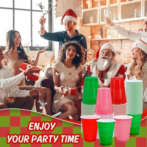 JarThenaAMCS 150Pcs Christmas Plastic Cups 16Oz Red Pink Green Disposable Drinking Cup Stackable Party Cups for Xmas Indoor Outdoor Event Supplies