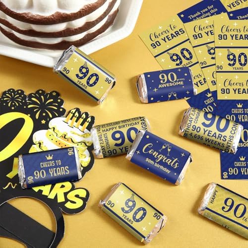 Tenare 90 Pcs 90th Birthday Candy Wrappers, Blue and Gold Stickers