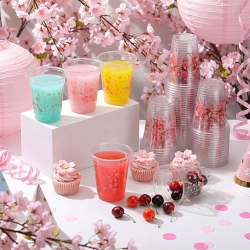 Funnymoom 60 Pack Cherry Blossom Plastic Cups for Party Decorations, 12 oz