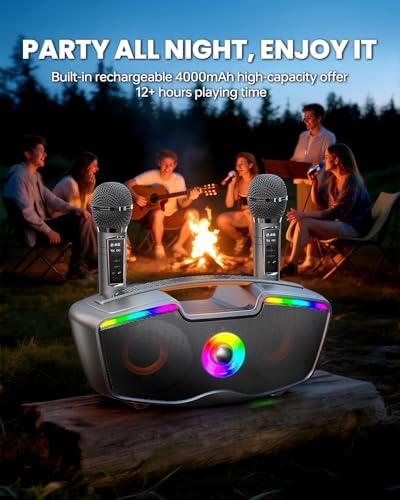 Bluetooth Karaoke Machine for Adults & Kids, 80W Portable Speaker with 2 Wireless Microphones, Echo Adjustment, Support USB/AUX/TF Card, for Outdoor/Indoor Gathering Gifts (Gray)