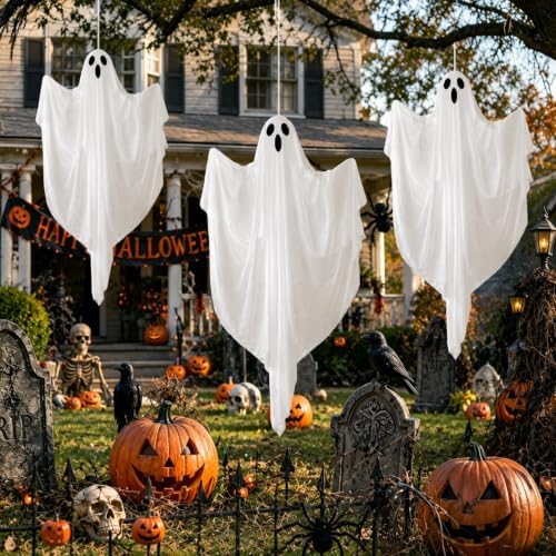 4 FT Halloween Hanging Ghost Decorations with 50 LED Lights, Light Up White Ghost Outdoor Decor with Timer & 8 Lighting Modes, Hanging Halloween Ghost for Front Porch, Yard, Patio, Garden & Party