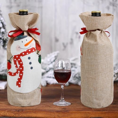 TEBIEKOY Christmas Wine Bags Festive Burlap Wine Bottle Gift Bags with Drawstring Reusable Wine Bottle Covers for Xmas Christmas Holiday Packaging for Wine, Champagne, Gifts & Party Decor (2-Pack)