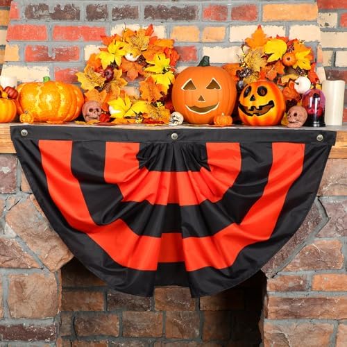 Newwiee 2 Pcs 4 x 2 ft ft Halloween Flag Bunting Half Fan Hanging Pleated Flag Banner with 3 Grommets for Halloween Indoor Outdoor House Party Holiday Yard Decorations Props, Black Orange