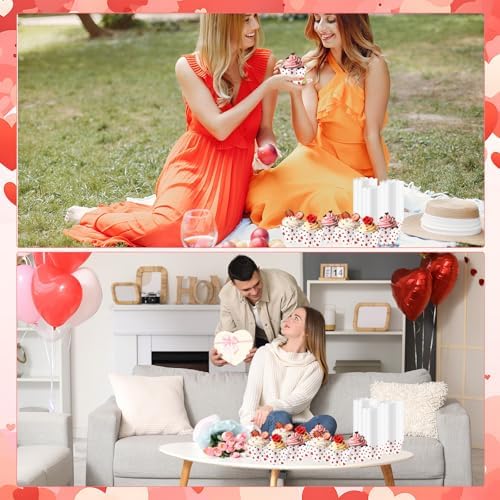 Domensi 100 Pcs Red Heart Cupcake Wrappers Rustic Cupcake Liners Red Baking Cups Baking Liners for Mother's Day Wedding Bridal Baby Shower Birthday Party Supplies Dessert Decoration