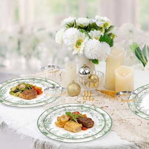 Sage Green Floral Plates and Napkins Party Supplies,Serve 60 Guests