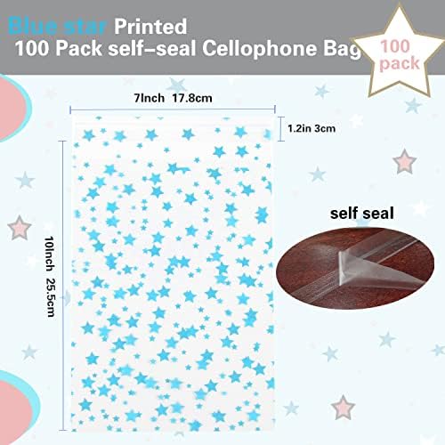 COQOFA 100 Pcs Star Printed Sealable Gift Wrap Cello Cellophane Bags Self sealing Adhensive Treat Bags Party Favor bags (7x10inch, Blue)