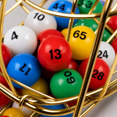 Deluxe Bingo Set with 6-Inch Durable Gold Steel Cage, Magnetic Bingo Wand, 80 Metal-Rimmed Bingo Chips, 75 Calling Balls, 18 Large Cards & Master Board – Premium Bingo Set for Family Nights, Parties