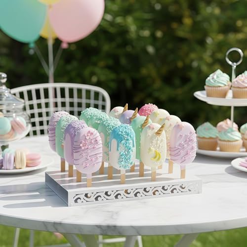 Metal Cakesicle Display Stand with Vine Pattern, 16 Holes, 10.24 x 7.09 x 1.06 Inch, Pre-Assembled Party and Wedding Dessert Holder (White)