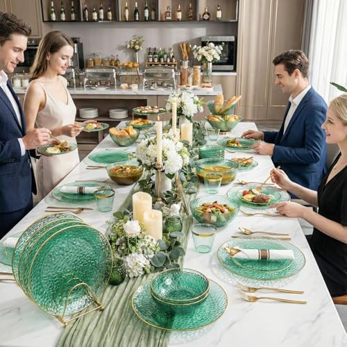 Rubtlamp 700Pcs Green Plastic Plates,Green Gold Plastic Dinnerware Set, Hammered Clear Green Plates with Gold Rim Include 100Dinner Platos,100Cake Platos,100Cups,100Pre Rolled Silverware