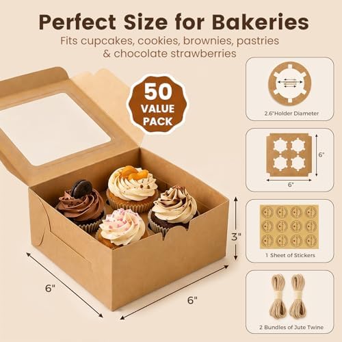 OAMCEG 6x6x3Inch Cupcake Boxes with Window,50 Pcs Cookie Bakery Boxes,Brown