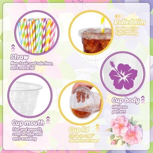 Whaline 60Pcs 12 Oz Hibiscus Floral Disposable Plastic Cups with Lids and Straws Colorful Summer Hawaiian Flower Cold Beverage Drinking Cups for Beach Tropical Luau Party Supplies