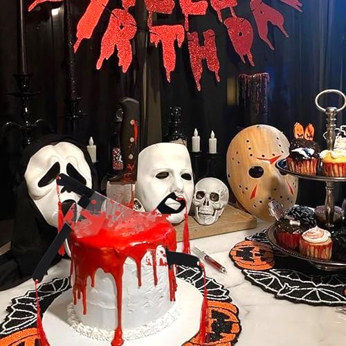 4 PCS Halloween Blood Knife Cake Toppers Acrylic Horror Halloween Cake Decorations Have a Killer Birthday Decorations for Blood Knife Theme Scary Killer Birthday Party Cake Decorations Supplies