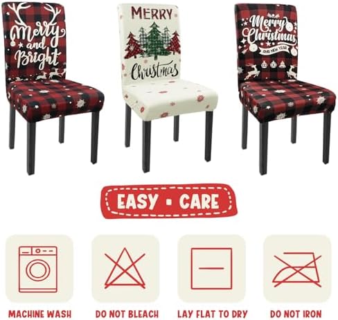 Christmas Chair Covers Set of 4 Xmas Tree Snowflakes Buffalo Plaid Stretch Parsons Chair Slipcovers for Winter Christmas Dining Room Decor Chair Seat Protectors(Christmas Red,4PCS)