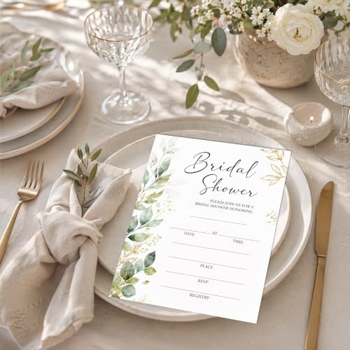 Bridal Shower Invitations, 25 Eucalyptus Leaves Wedding Shower Invites with Envelopes, 5x7 Greenery Bride to Be Engagement Party Supplies - A01