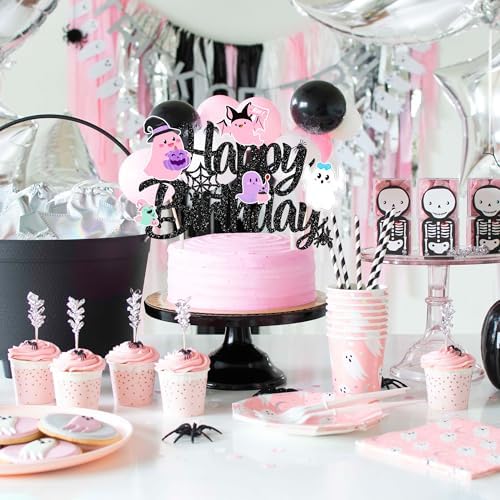 Halloween Ghost Happy Birthday Cake Topper Black Glitter Halloween Birthday Cake Decorations Pastel Ghost Cake Picks Ghosts Boo Day Baby Shower Decor for Birthday Party Supplies