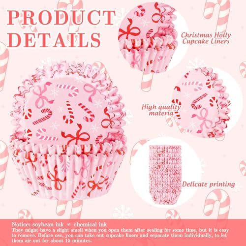 FYSUIMU 300Pcs Christmas Cupcake Liners Xmas Pink Bow Candy Paper Baking Cups Standard Muffin Cupcake Wrappers for Winter Holiday Birthday Wedding Party Supplies Table Decor