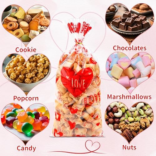 50PCS Valentines Goodie Bags - 5 x 11 Plastic Valentines Cellophane Treat Bags with Twist Ties, Red Heart & Love Design Valentine Candy Bags for Kids Classroom Exchange, Party Favors, Gifts, Cookies