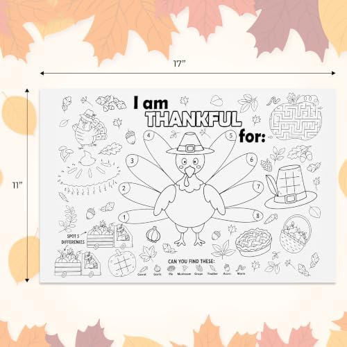 24 Count Thanksgiving Color Your Own Placemats – I Am Thankful for Turkey Coloring Activity Placemat for Kids, Thanksgiving Table Activity, Classroom Crafts