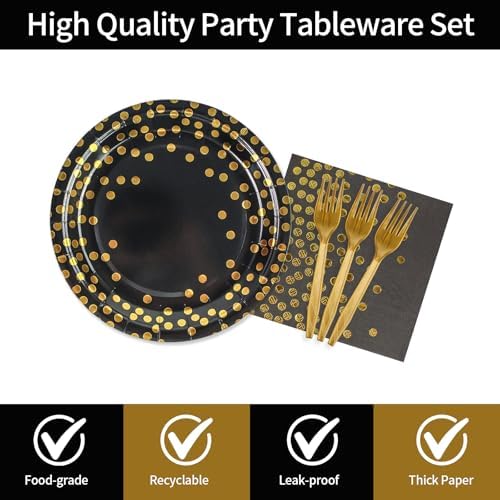 48PCS Black and Gold Plates and Napkins Party Supplies, Gold Dot Disposable Paper Plates and Napkins with Forks Tableware Set for Birthday Wedding Retirement Graduation Party Decorations 16 Guests