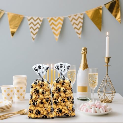 ZYLOP 50 Pcs Dog Treat Bags - 5 x 11 Inch Clear Cellophane Puppy Party Favor Bags with 60 Silver Twist Ties, Plastic Dog Paw Print Goodie Bag for Pet Birthday, Cat Treats, Candy & Cookies, Black