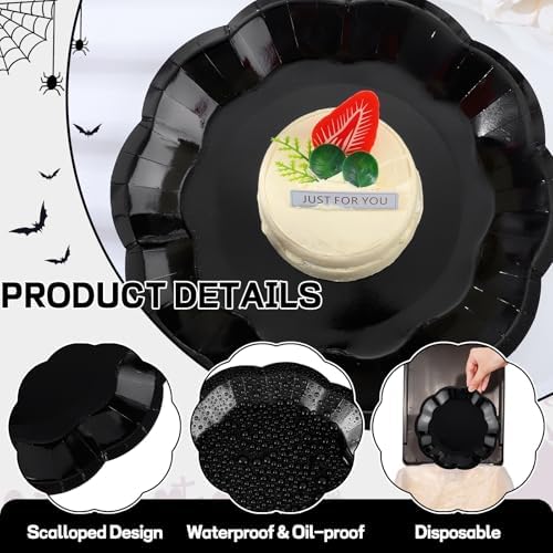 NatNarr 30 Pcs Black Paper Plates, 9 Inch Scalloped Halloween Dinner Plate